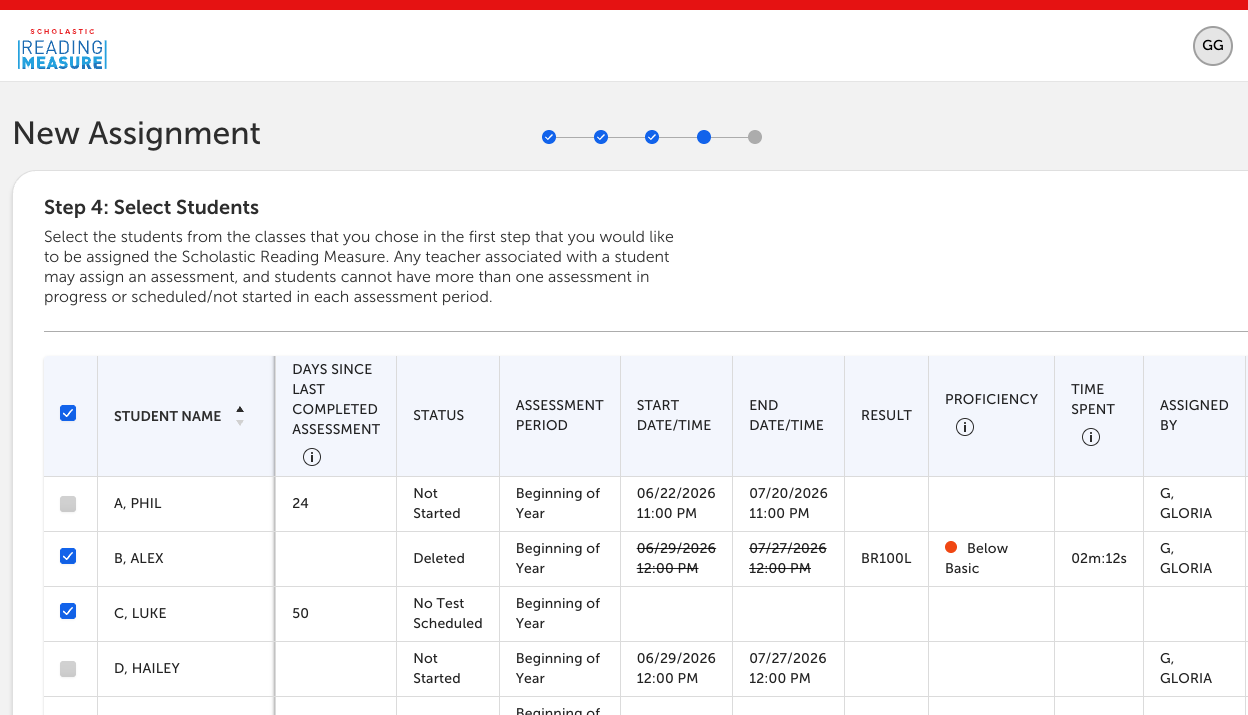 A Scholastic Reading Measure screen shows Step 4 of a New Assignment flow with a student selection table