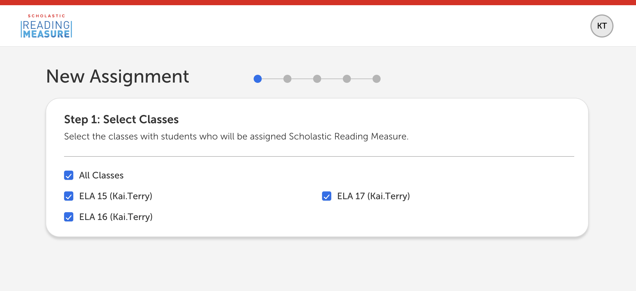 Scholastic Reading Measure New Assignment screen shows Step 1: Select Classes with all classes checked