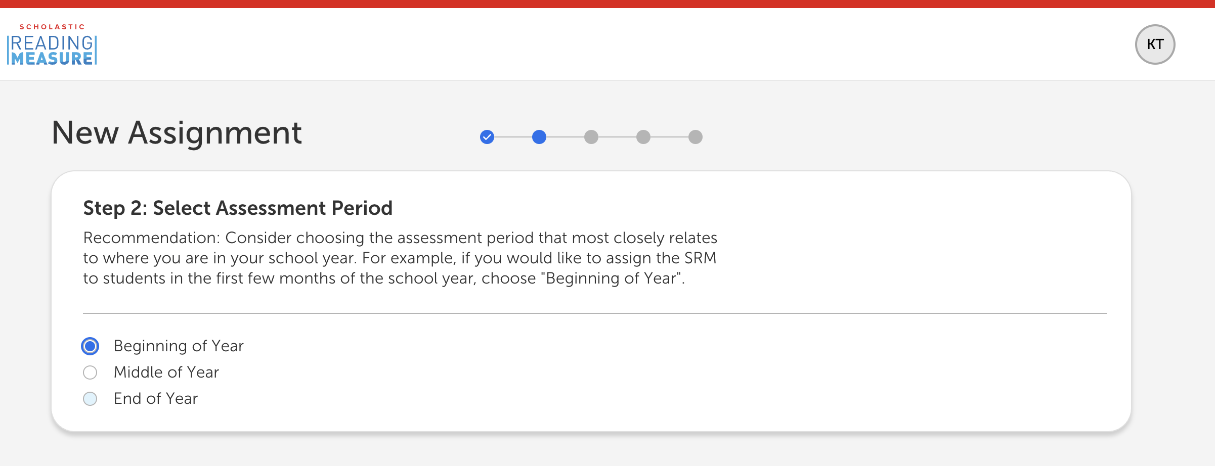 Scholastic Reading Measure New Assignment Step 2 screen with Beginning of Year selected