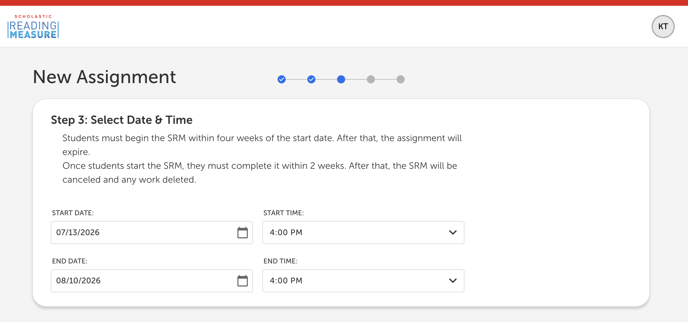 Scholastic Reading Measure new assignment Step 3 form with start and end date and time fields