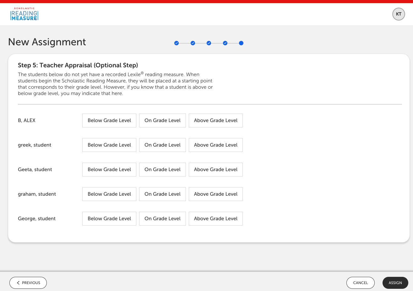 A Scholastic Reading Measure screen shows Step 5 of a new assignment, with grade level options for each listed student