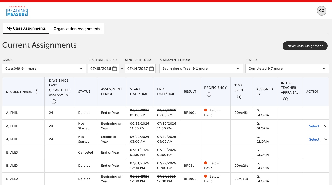 A chart shows the Current Assignments page in Scholastic Reading Measure with student data