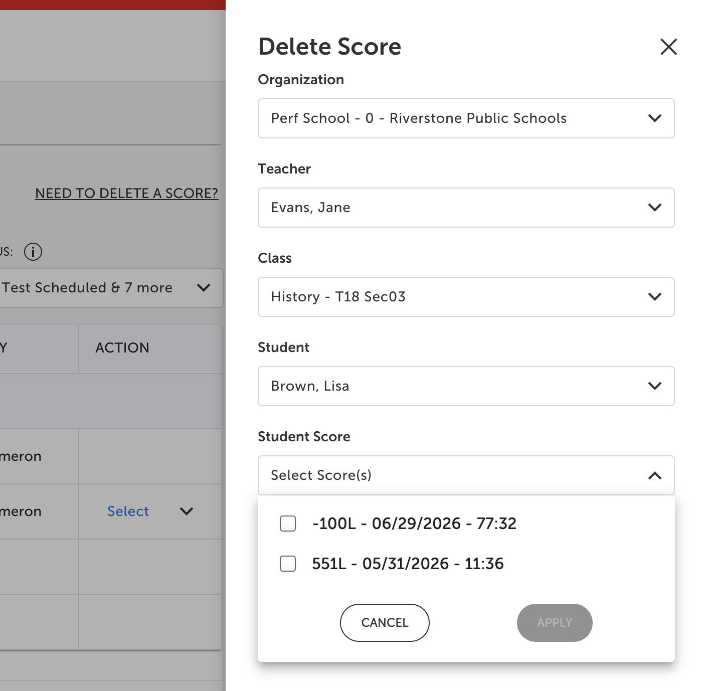 A Delete Score dialog with fields for organization, teacher, class, student, and student score selection