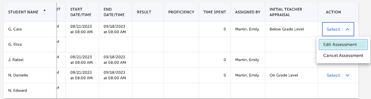 A table shows student assessment data with an open action menu offering Edit Assessment and Cancel Assessment options