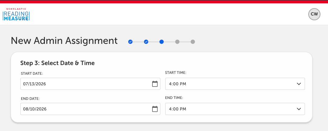 A form shows Step 3 of a New Admin Assignment with start and end date and time fields