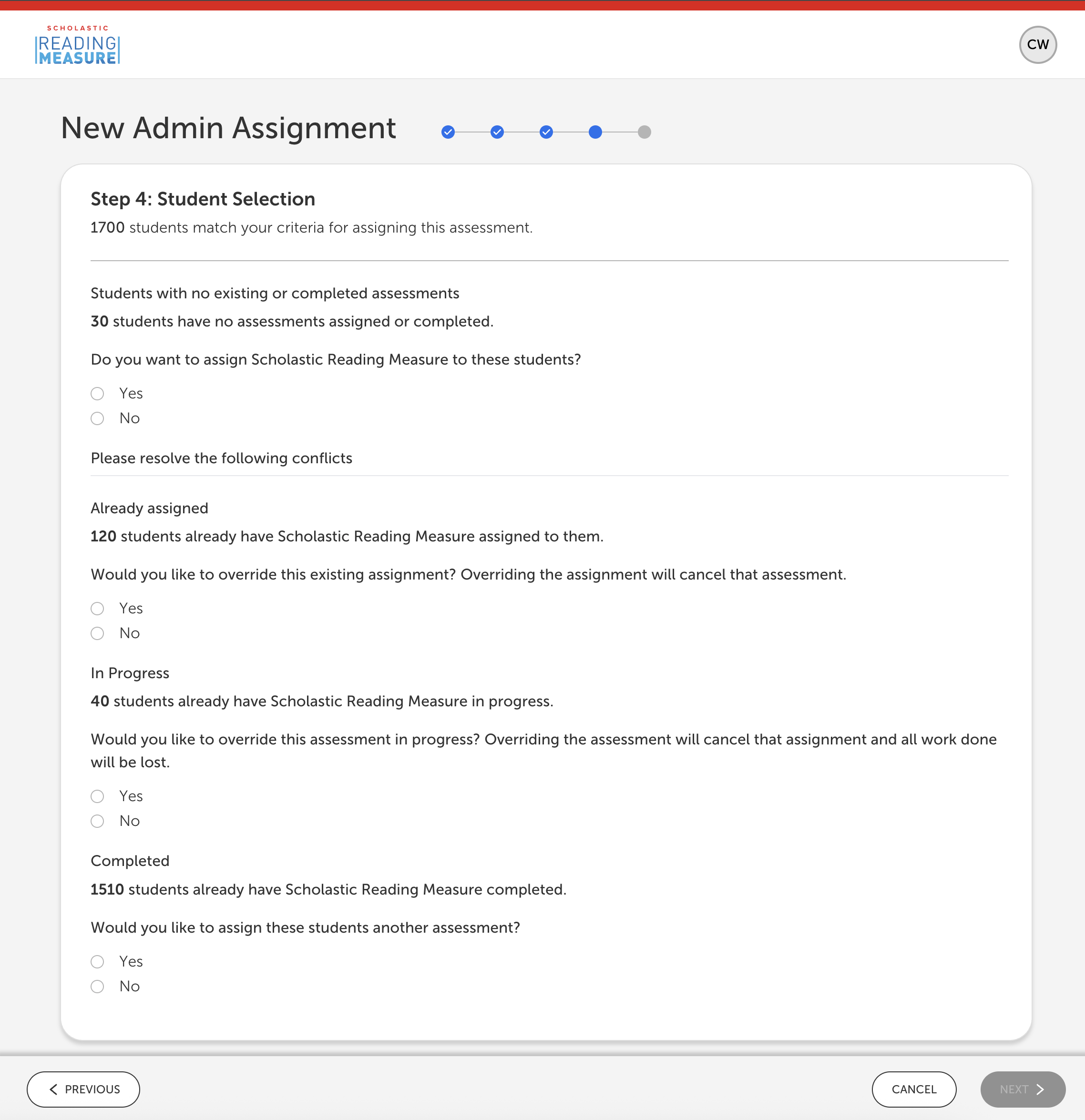A screenshot shows Step 4: Student Selection in the New Admin Assignment workflow on Scholastic Reading Measure