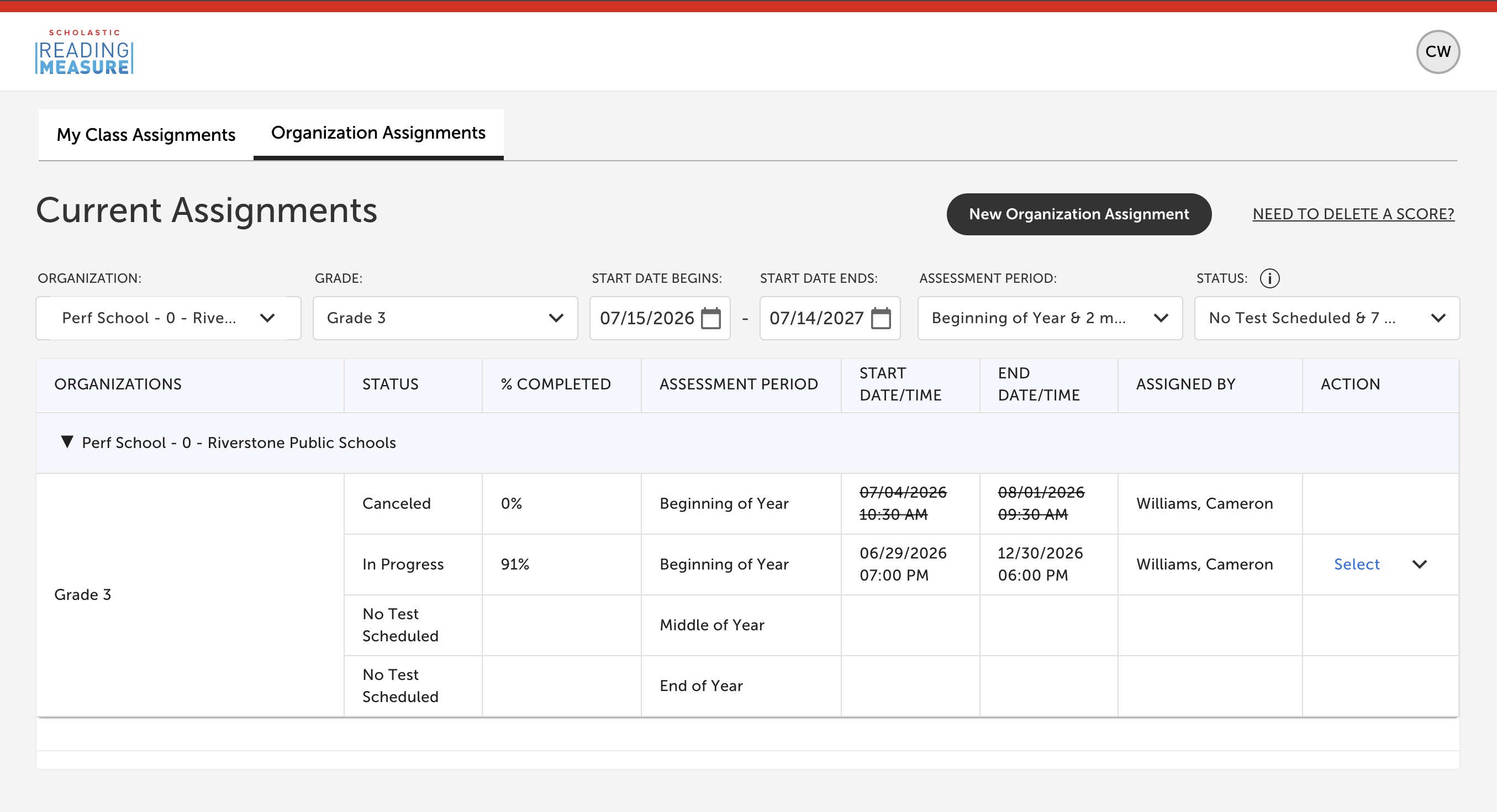 A chart shows current organization assignments for Grade 3 with status, completion, and date details